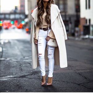 Over coat in cream & camel color, with belt